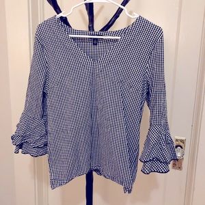 Jules & Leopold Gingham V Neck Ruffle Sleeve Top